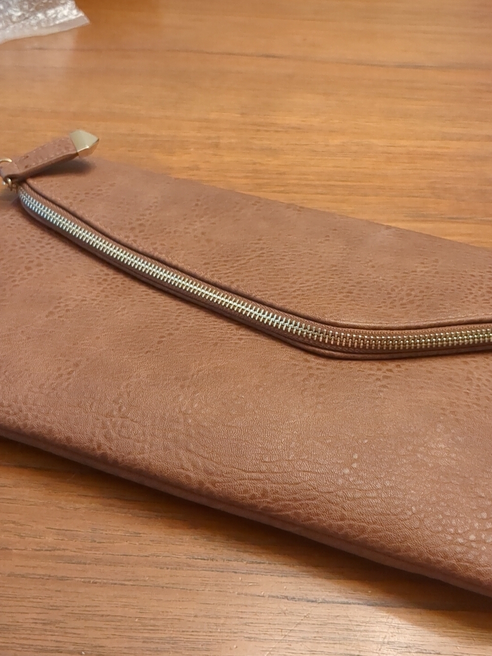 Brown Vegan Leather Crossbody Clutch with Gold Zipper